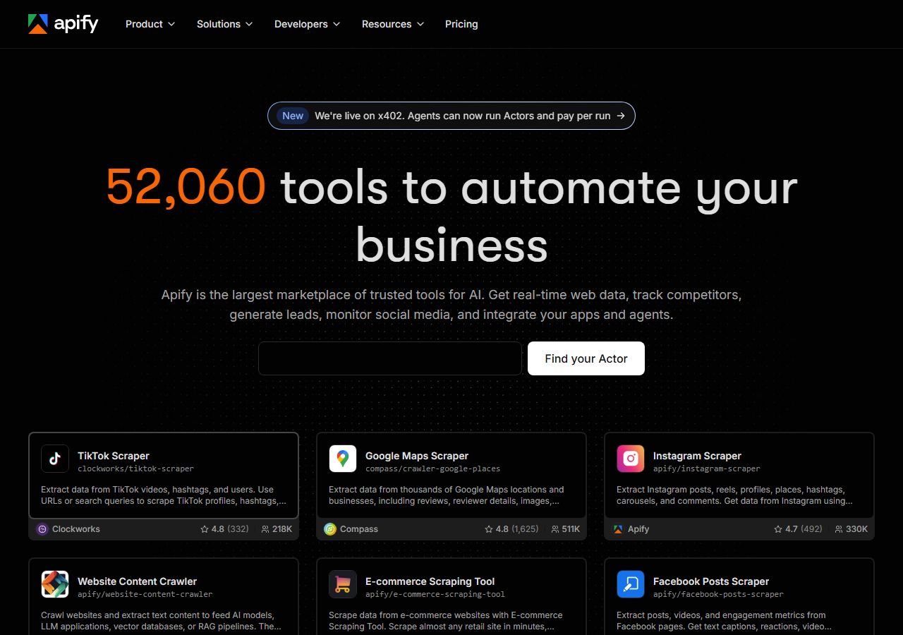 Apify Facebook comments scraper homepage