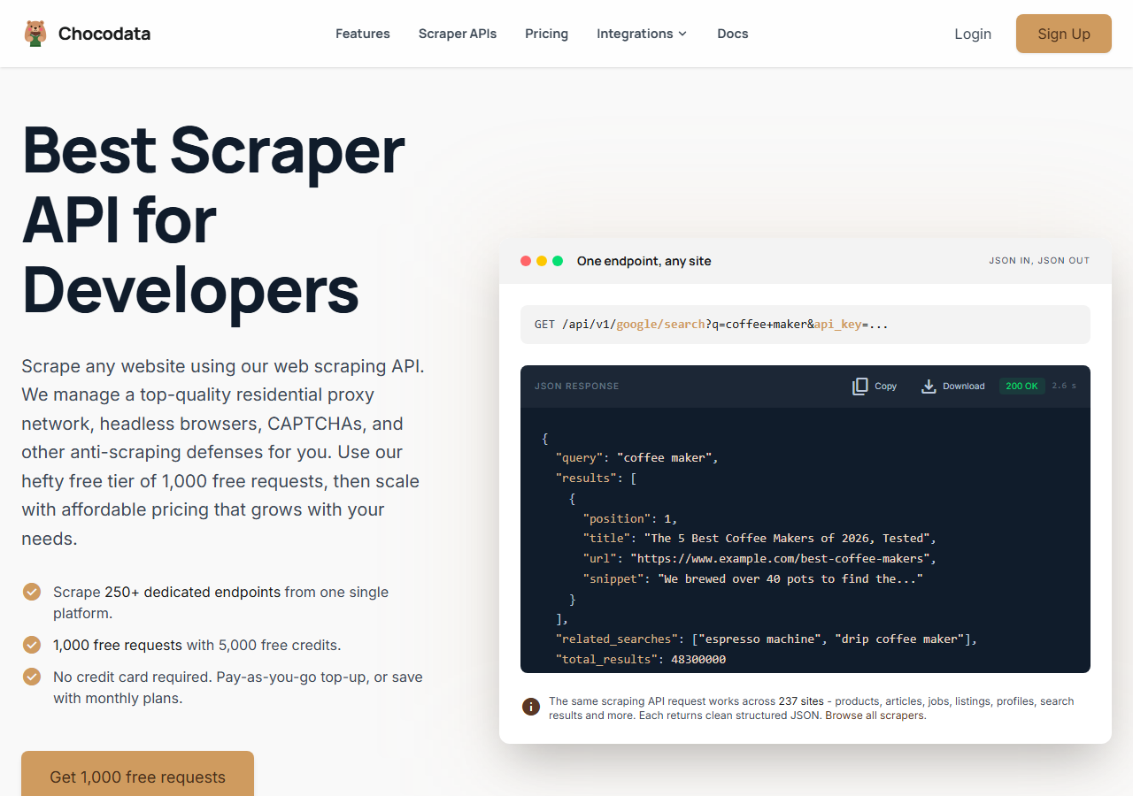 ChocoData Facebook comment scraper API homepage